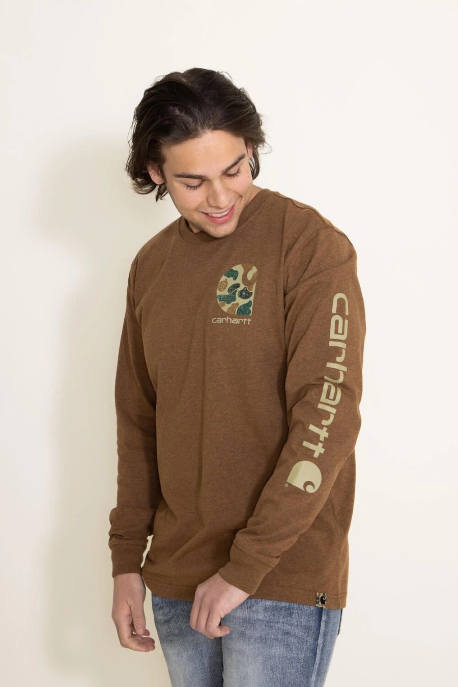 T-Shirts * | Carhartt Relaxed Fit Camo Logo Graphic Long Sleeve T-Shirt For Men In | 105485-B00 Walnut Brown