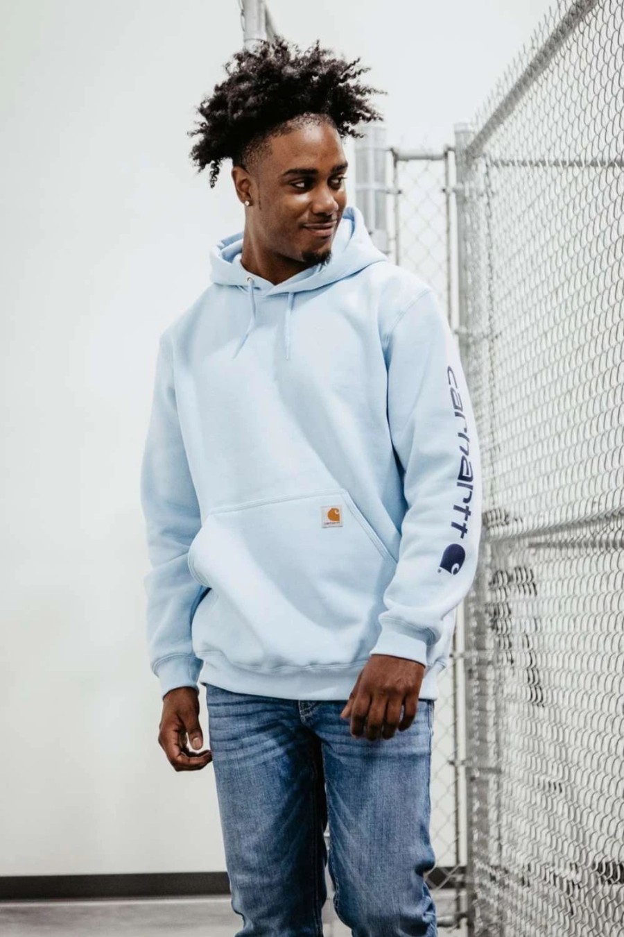 Sweatshirts & Fleece * | Carhartt Logo Sleeve Graphic Hoodie For Men In Blue | K288-Ha9 Moonstone