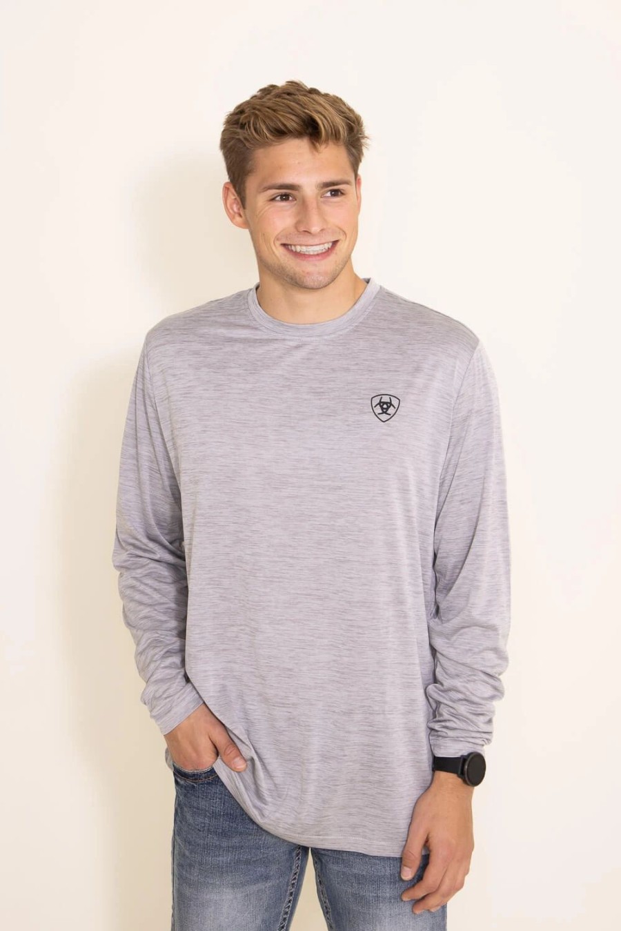 T-Shirts * | Ariat International Ariat Long Sleeve Charger Performance Tee For Men In Grey | 10042190 Lt Gray