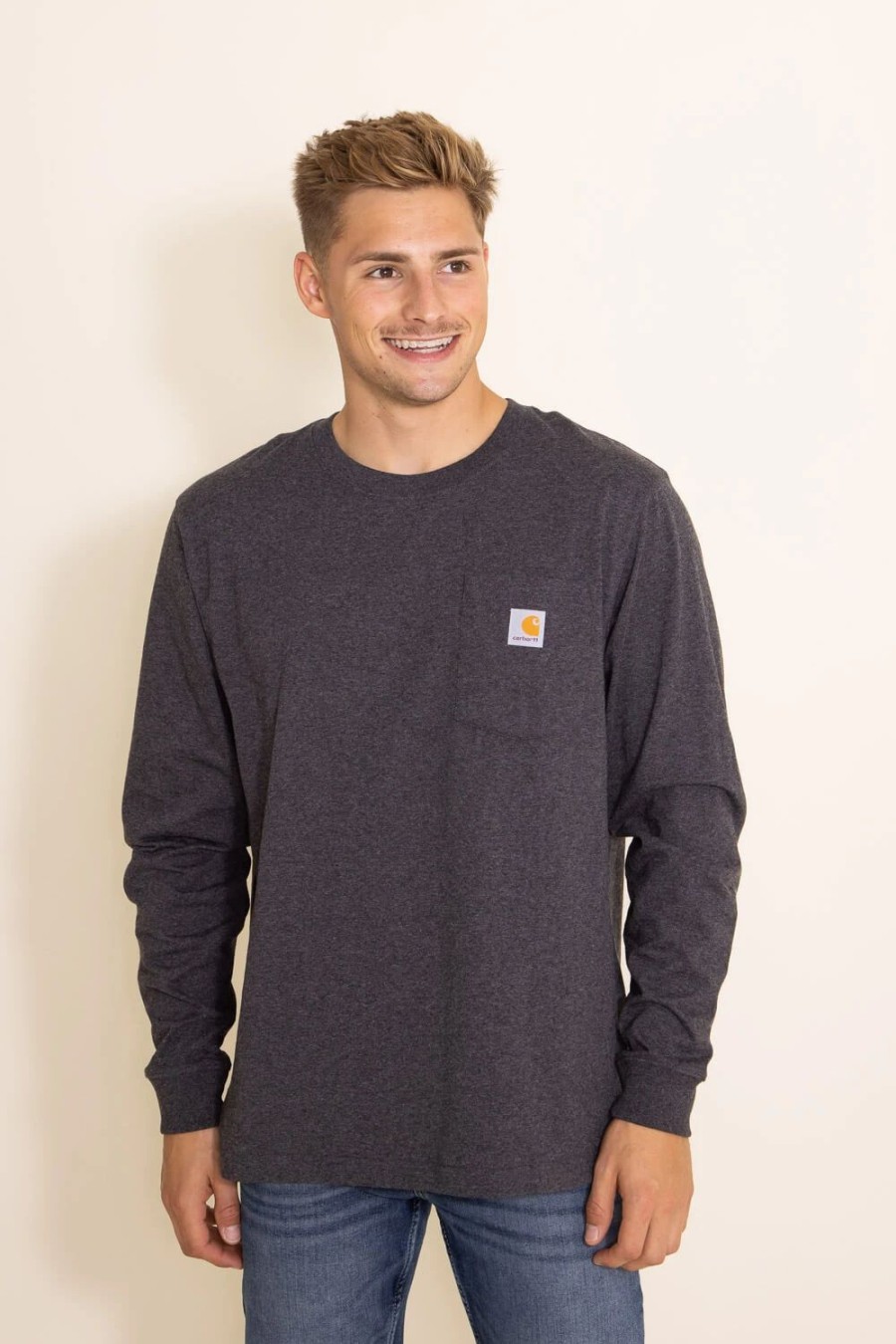 T-Shirts * | Carhartt Heavyweight Long Sleeve Pocket Graphic T-Shirt For Men In Grey | 105425-Crh Carbon Charcoal