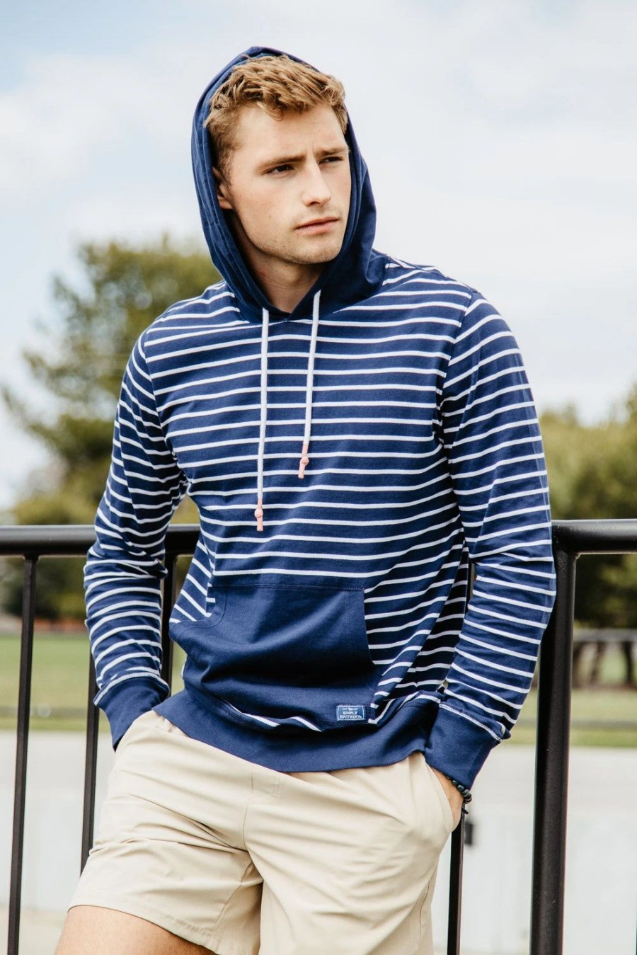 Sweatshirts & Fleece * | Simply Southern Stripe Lightweight Hoodie For Men In Navy Blue | Pp-0123-Mn-Hoodie-Strpny Navy Stp