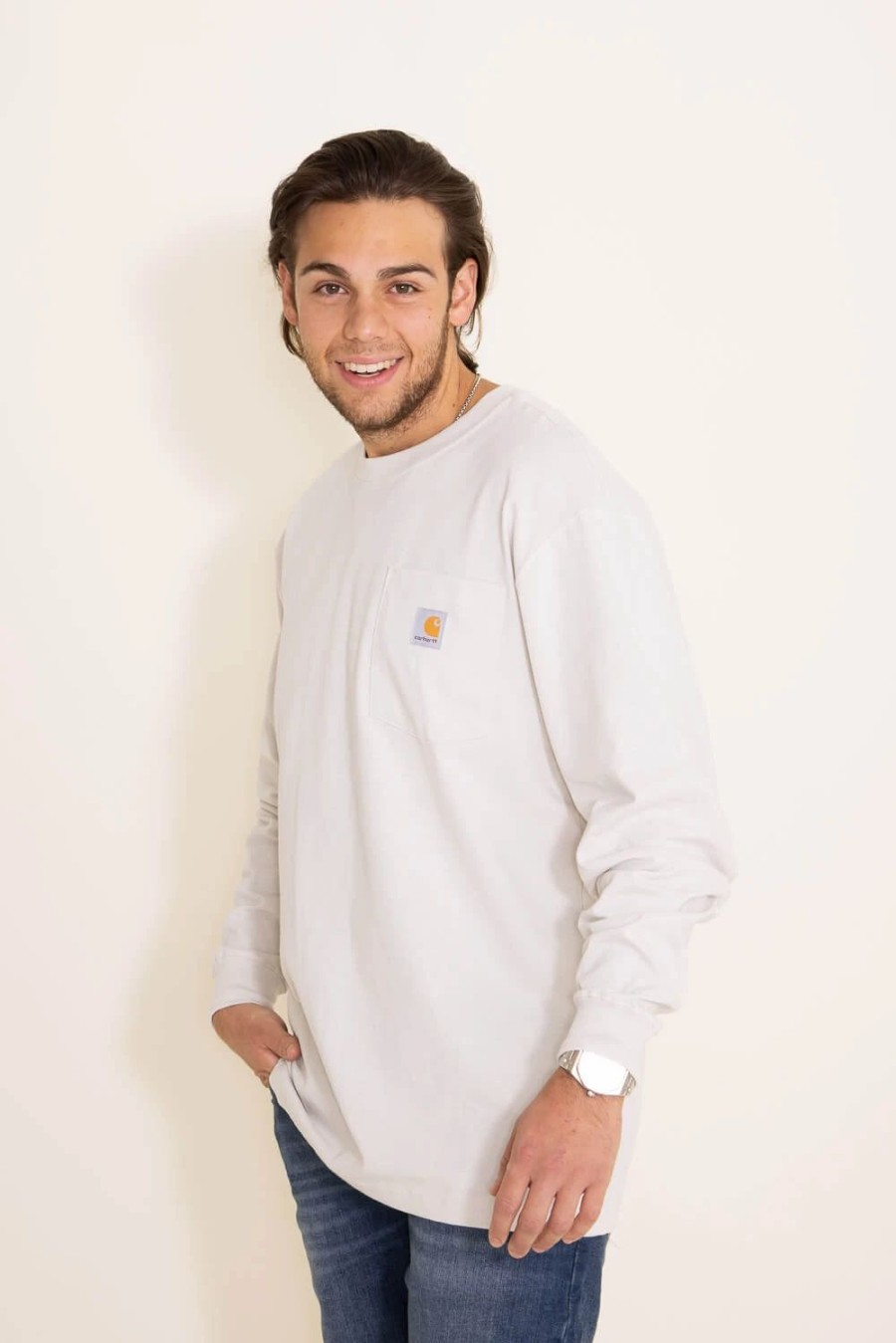 T-Shirts * | Carhartt Long Sleeve Loose Fit Pocket Tee For Men In White | 105584-W03 Malt