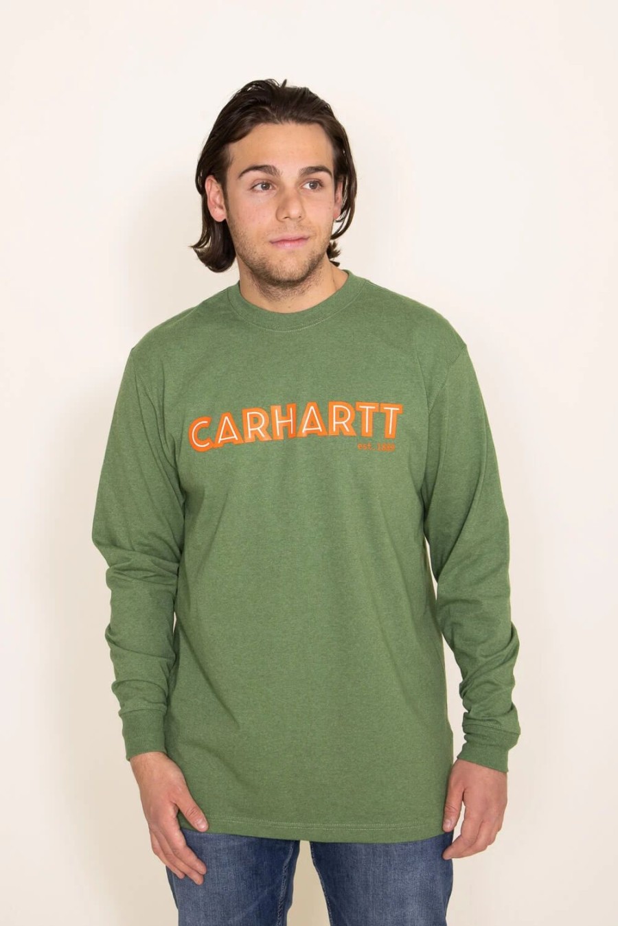 T-Shirts * | Carhartt Loose Fit Graphic Logo Long Sleeve Tee For Men In | 105422-L01 Arborvitae Green