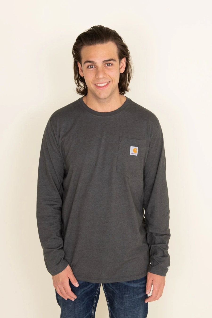 T-Shirts * | Carhartt Long Sleeve Pocket T-Shirt For Men In Dark Grey | 104617-Crh Carbon Carbon Heather