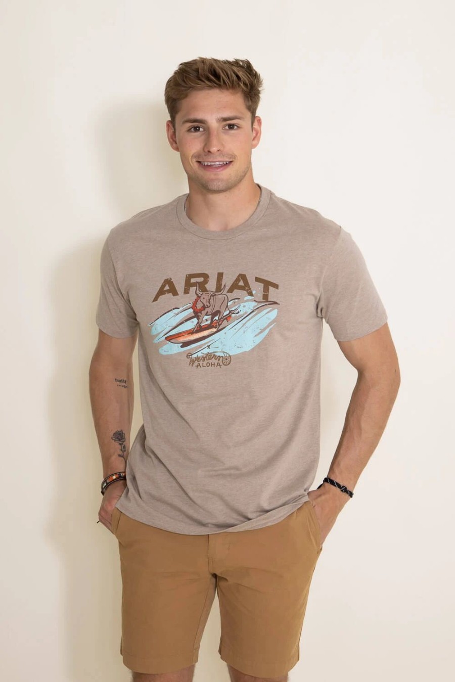 T-Shirts * | Ariat International Ariat Surf And Turf Western Aloha T-Shirt For Men In Brown | 10044012 Oatmeal